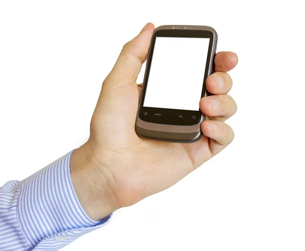 Trzyma w ręku telefon inteligentny — Zdjęcie stockowe