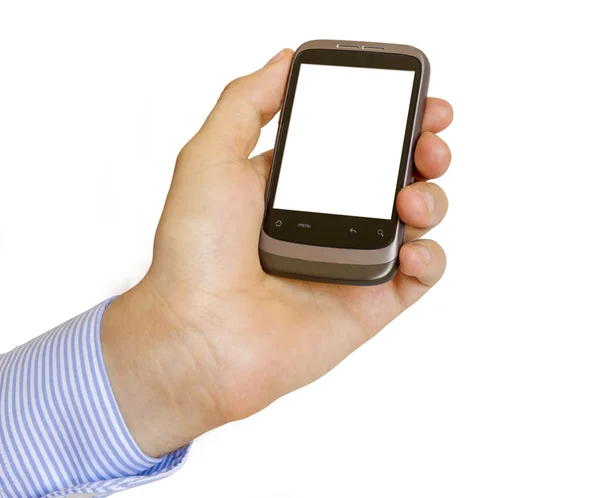 Mobiele slimme telefoon houden in de hand Rechtenvrije Stockfoto's