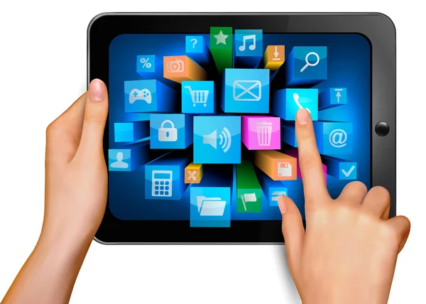 El touch pad pc ve dokunaklı parmak s ekran simgeleri ile tutarak — Stok Vektör