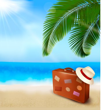 deniz görünümü palmiye yaprakları ile bavul seyahat ve konsept plan vektör şapka yaz tatilleri