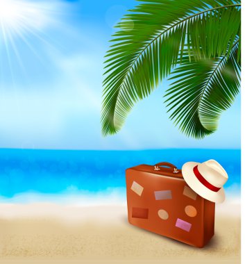 Seaside view with palm leaves, travel suitcase and a hat Summer holidays concept background Vector clipart