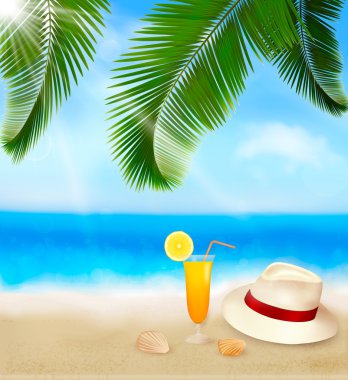 Seaside view with palm leaves, coctail and traveller s hat Summer holidays concept background Vector clipart