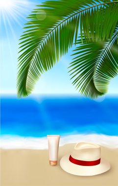 deniz görünümü palmiye yaprakları ile krema ve gezgin s şapka yaz tatilleri konsept plan vektör
