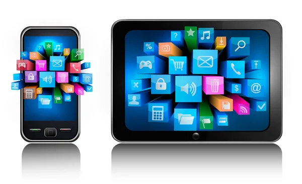Cellulare e tablet pc con icone colorate Vettore — Vettoriale Stock