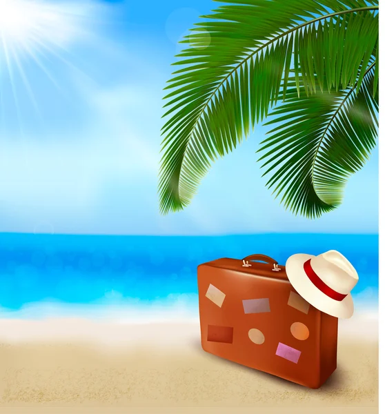 stock vector Seaside view with palm leaves, travel suitcase and a hat Summer holidays concept background Vector