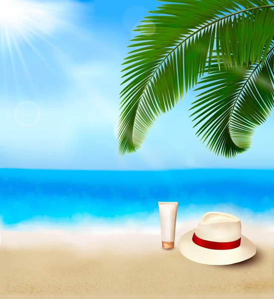 Vista al mar con hojas de palma, crema y sombrero de viajero Vacaciones de verano Concepto de fondo Vector — Archivo Imágenes Vectoriales