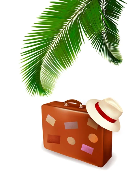 Seaside view with palm leaves, travel suitcase and a hat Summer holidays concept background Vector — Stock Vector