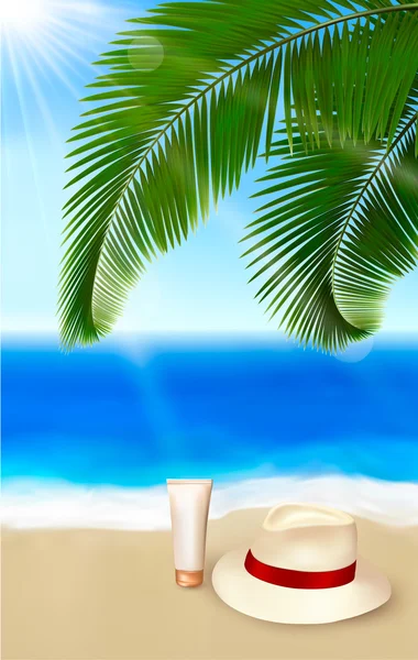 Vista para o mar com folhas de palma, creme e chapéu de viajante Férias de verão conceito fundo Vector — Vetor de Stock