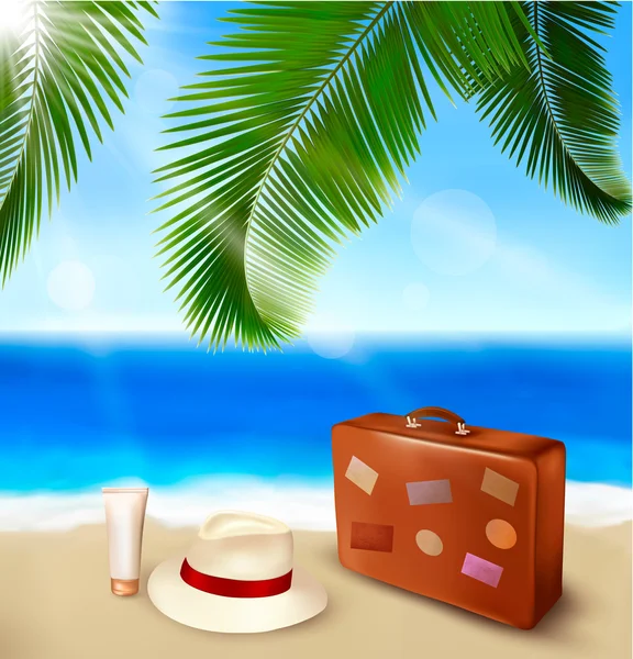 Vista al mar con hojas de palmera, maleta de viaje y sombrero Vacaciones de verano Concepto de fondo Vector — Vector de stock