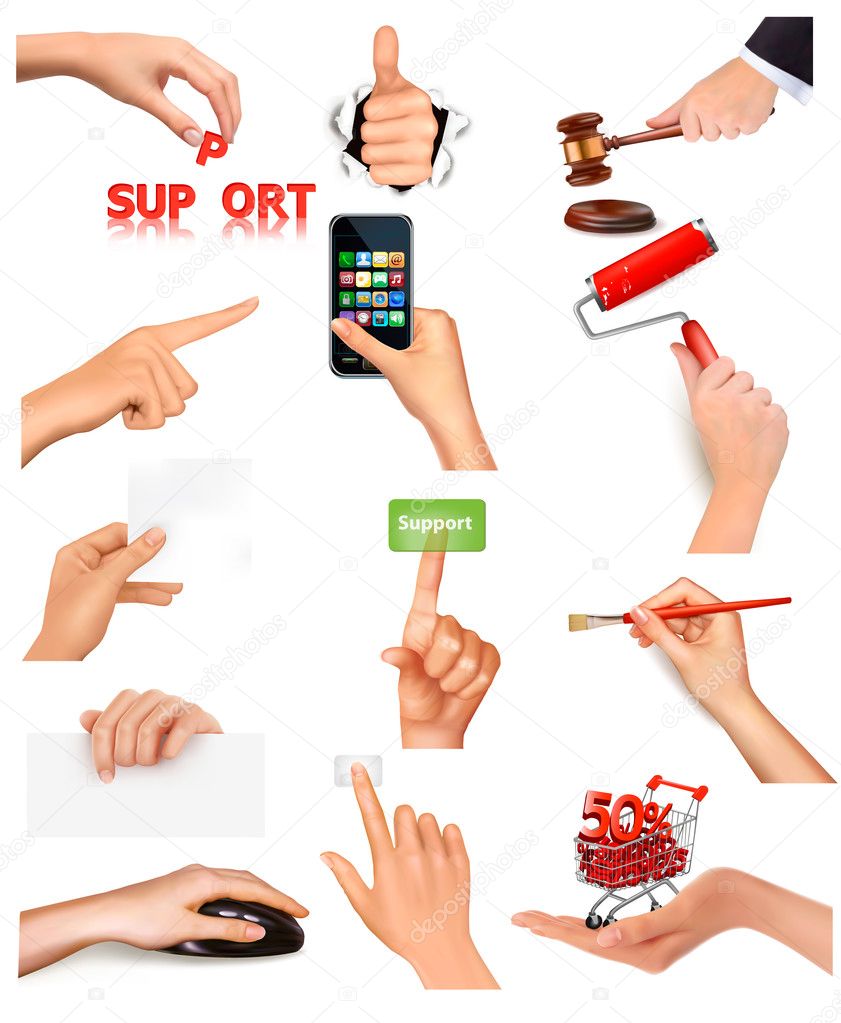 Set of hands holding different business objects Vector illustration