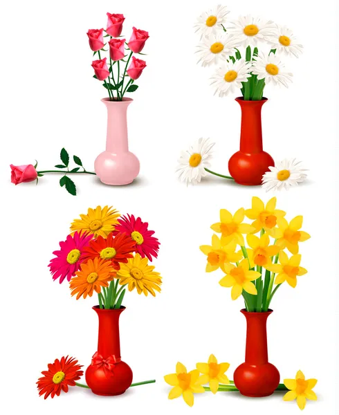Spring and summer colorful flowers in vases Vector illustration — Stock Vector