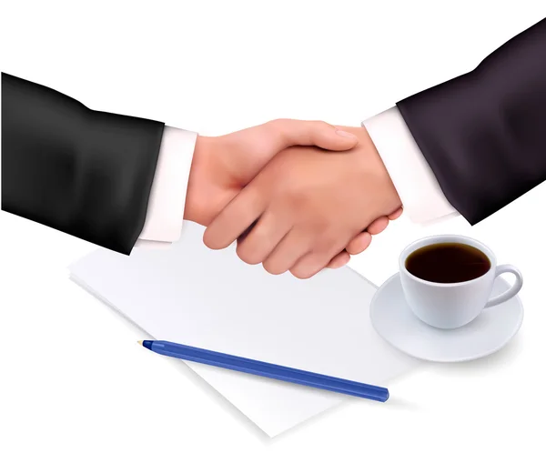 Handshake over paper and pen. — Stock Vector