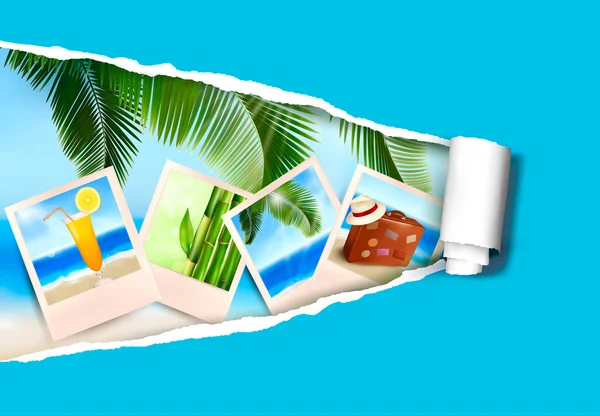 Arrière-plan avec des photos de vacances sur une plage. Concept vacances d'été. Vecteur — Image vectorielle