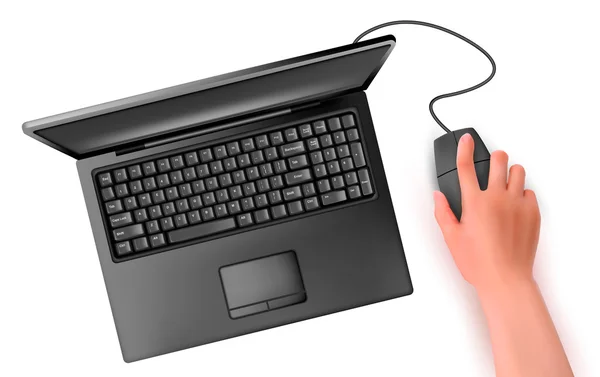 Mano con ratón de ordenador y portátil ilustración vectorial — Vector de stock