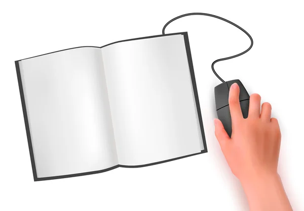 コンピューターのマウスと手し、書籍のベクトル イラスト — ストックベクタ