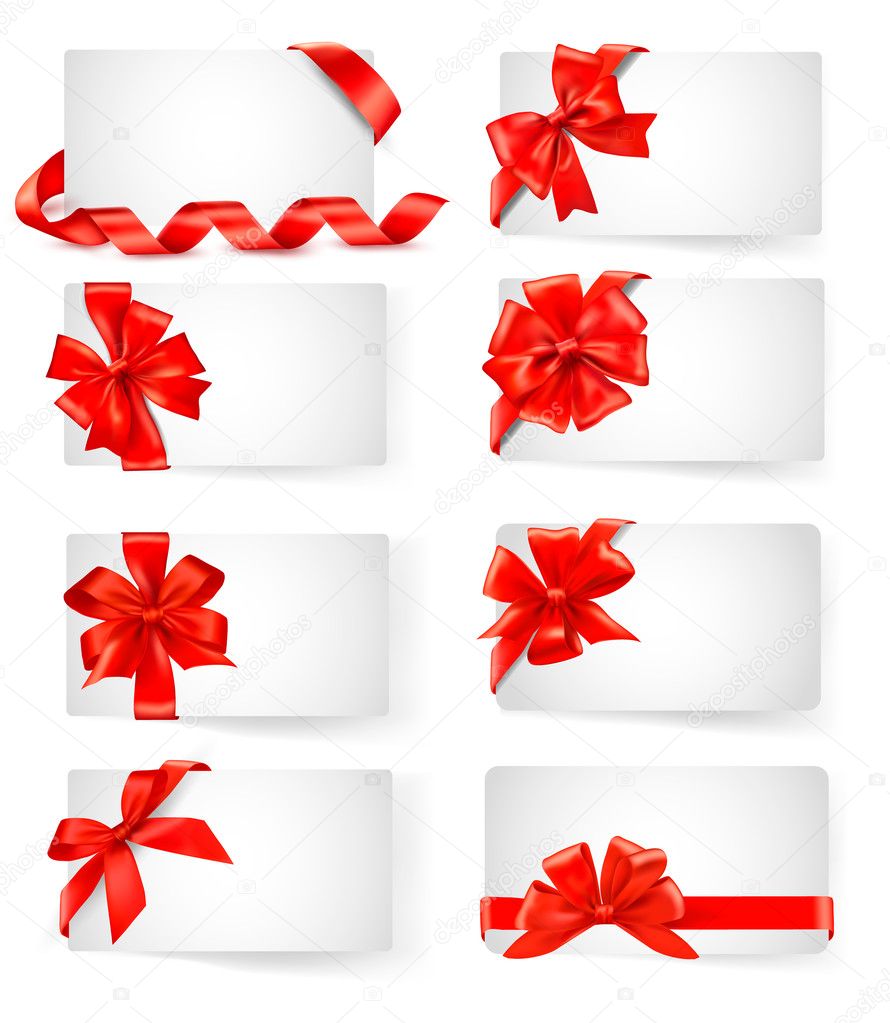Big set of cards with red gift bows with ribbons Vector