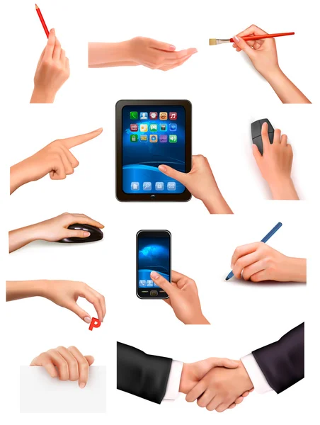 Zestaw rąk trzymających różne przedmioty biznesowe. Ilustracja wektora — Wektor stockowy