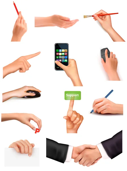 Колекція рук, що тримають різні бізнес-об'єкти — стоковий вектор