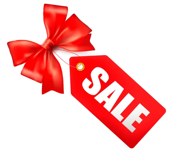 Étiquette de vente avec arc cadeau rouge — Image vectorielle