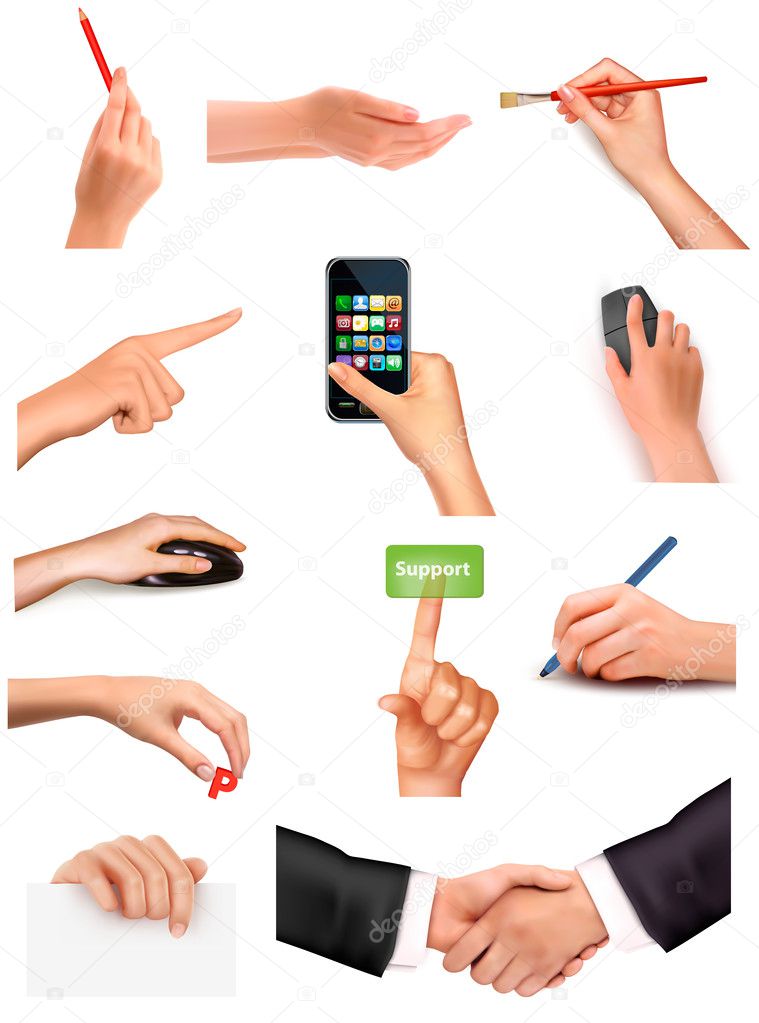 Collection of hands holding different business objects