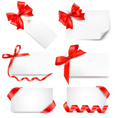 Set of card note with red gift bows with ribbons. Vector clipart