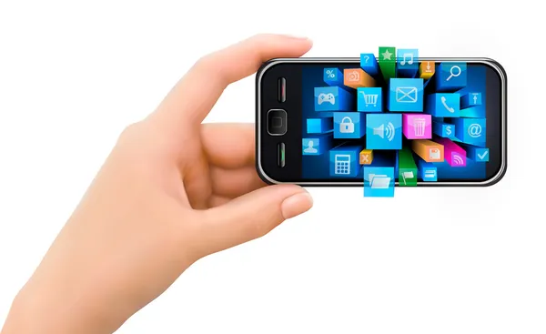 Main tenant le téléphone portable avec des icônes — Image vectorielle