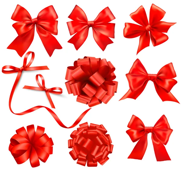 Set of card note with red gift bows with ribbons. Vector — Stockvector