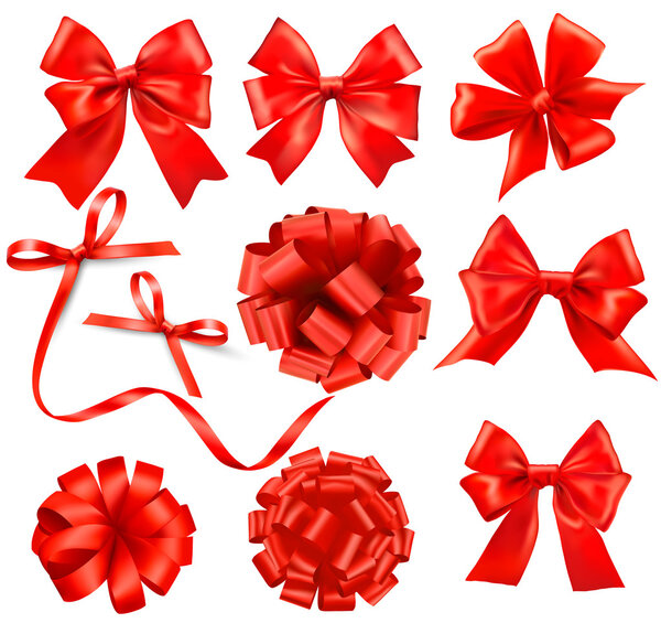 Set of card note with red gift bows with ribbons. Vector