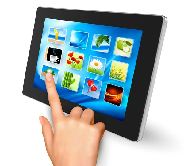 Hand berührt Icons auf Tablet. — Stockvektor