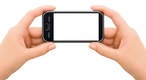 Дві руки тримають мобільний смартфон з порожнім екраном — стоковий вектор