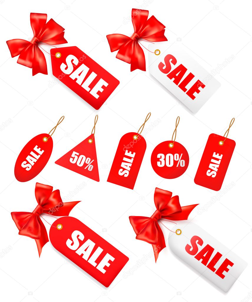 Big set of sales tags with red gift bow and ribbons