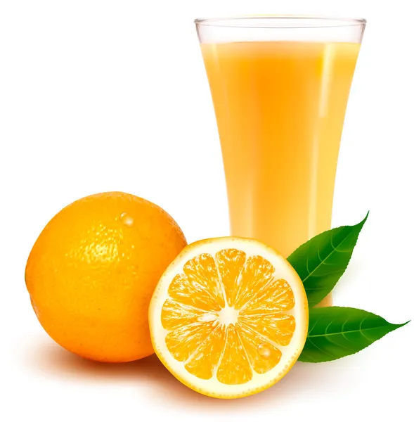 Naranja fresca y vaso con jugo — Vector de stock