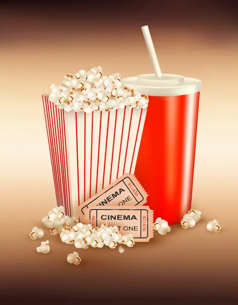 Popcorn, boisson et deux billets — Image vectorielle