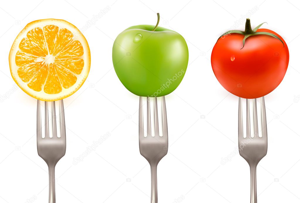 Lemon, tomato and apple on forks Concept of diet