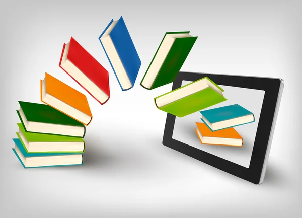 Libros volando en un libro electrónico — Vector de stock
