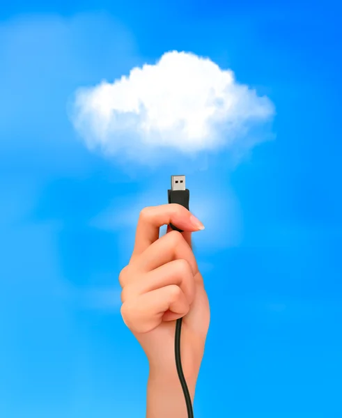 Χέρι που κρατά το καλώδιο συνδεδεμένο η έννοια σύννεφο του cloud computing — Διανυσματικό Αρχείο