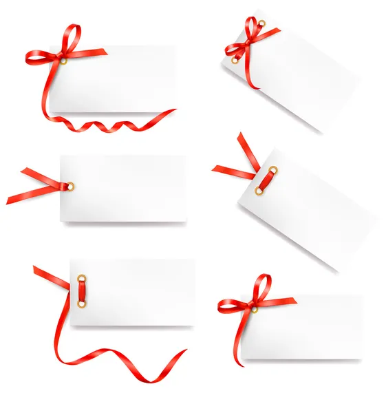 Conjunto de notas de tarjeta con lazos de regalo rojos con cintas — Archivo Imágenes Vectoriales