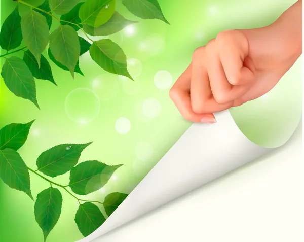用新鲜绿叶和手的自然背景 — 图库矢量图片