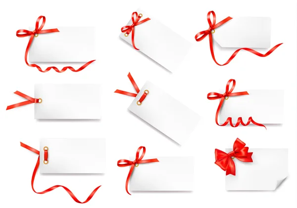 Conjunto de notas de tarjeta con lazos de regalo rojos con cintas — Vector de stock