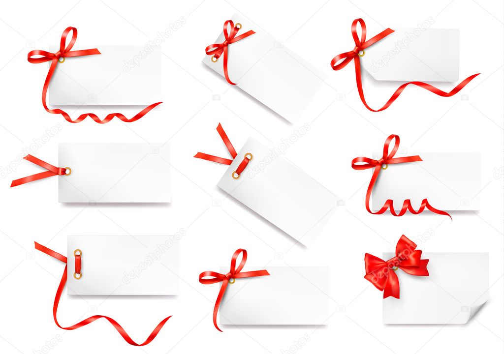 Set of card notes with red gift bows with ribbons