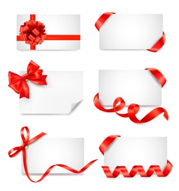 Set of card notes with red gift bows with ribbons