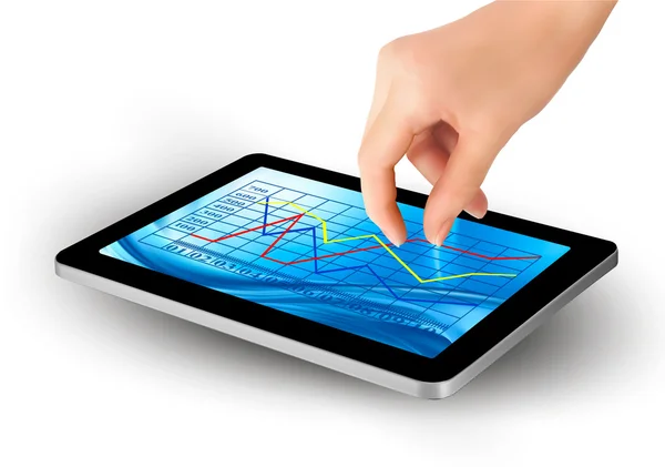 Tablet PC-scherm met grafiek en een hand — Stockvector