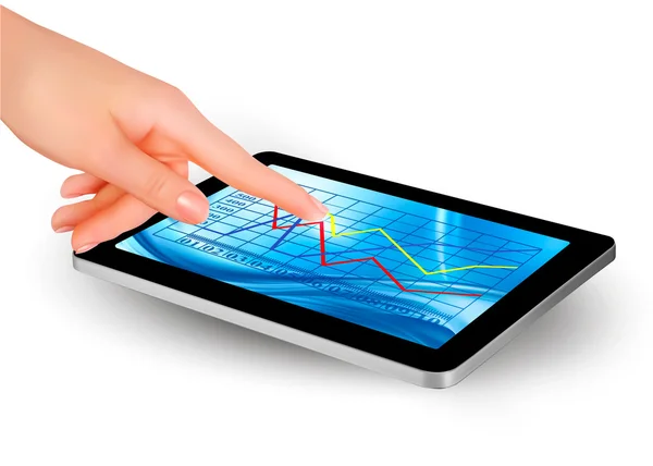Tablet-Bildschirm mit Grafik und einer Hand — Stockvektor