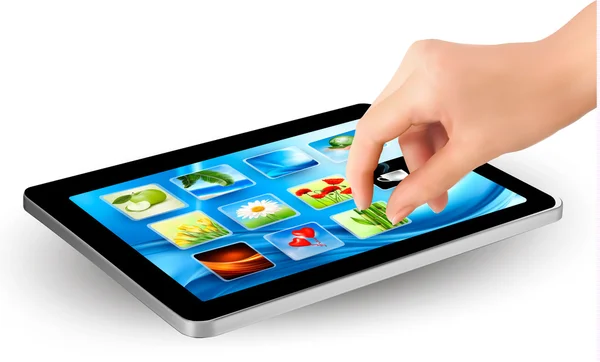 Dedos tocando tela de touchpad com ícones — Vetor de Stock