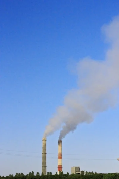 Smoke stacks of cement factory. Summertime landscape — Stock Photo, Image
