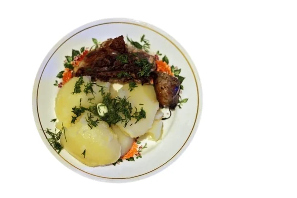 Gebratenes Fleisch und gekochte Kartoffeln und Dill über isolierte — Stockfoto