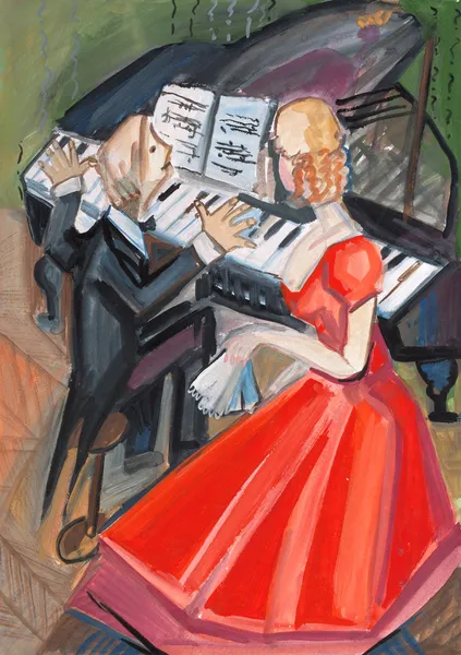 Žena v červených šatech a pianista — Stock fotografie