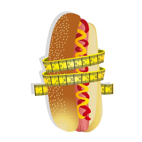 Measuring tape around hot dog — Stock Vector
