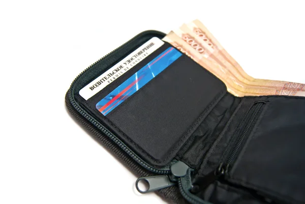 Dinheiro e cartões de crédito na carteira — Fotografia de Stock