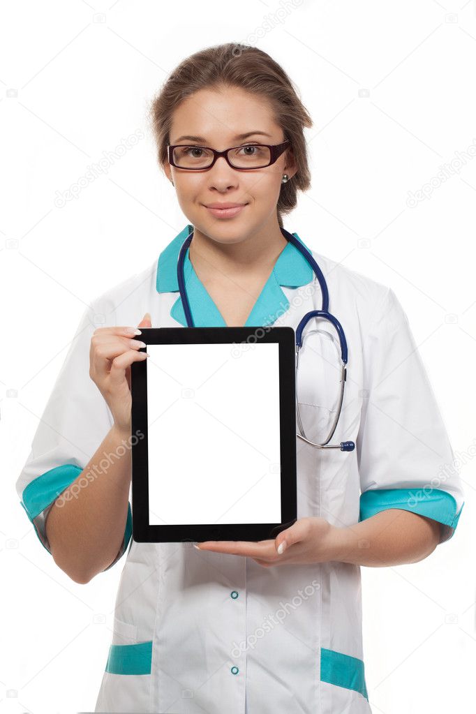 Doctor holding up and showing digital tablet with a blank screen.